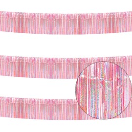 iiCheerful 3 Pack Black Total 30 Feet Foil Fringe Garland Metallic Tinsel Banner Wall Hanging Drapes Parade Float Skirting Decorations for Trailer Mardi Gras Party Birthday Wedding (Iridescent Pink)