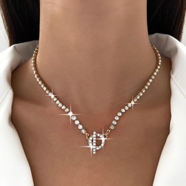 Inateannal Rhinestone Tennis Choker Necklace Gold Crystal Toggle Clasp Necklace Cubic Zirconia Tennis Chain Ot Necklace Sparkling CZ Buckle Necklace Jewellery for Women and Girls, Zinc, No Gemstone