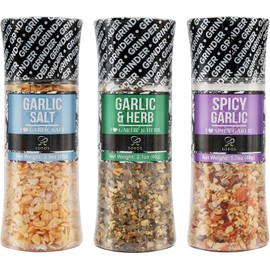Soeos Spice Seasoning Set of 3 with Integrated Grinders, Spicy Garlic, Garlic & Herbs, Garlic Salt, Seasoning Gift Set.