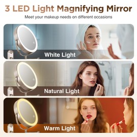30X Wall Mounted Makeup Mirror with Lights,3 Color Modes Dimmable & Adjustable Double Side, Bathroom Vanity Makeup Mirror with 360 Rotation Extendable Swivel Arm,Magnifying Mirror - Brushed Nickel