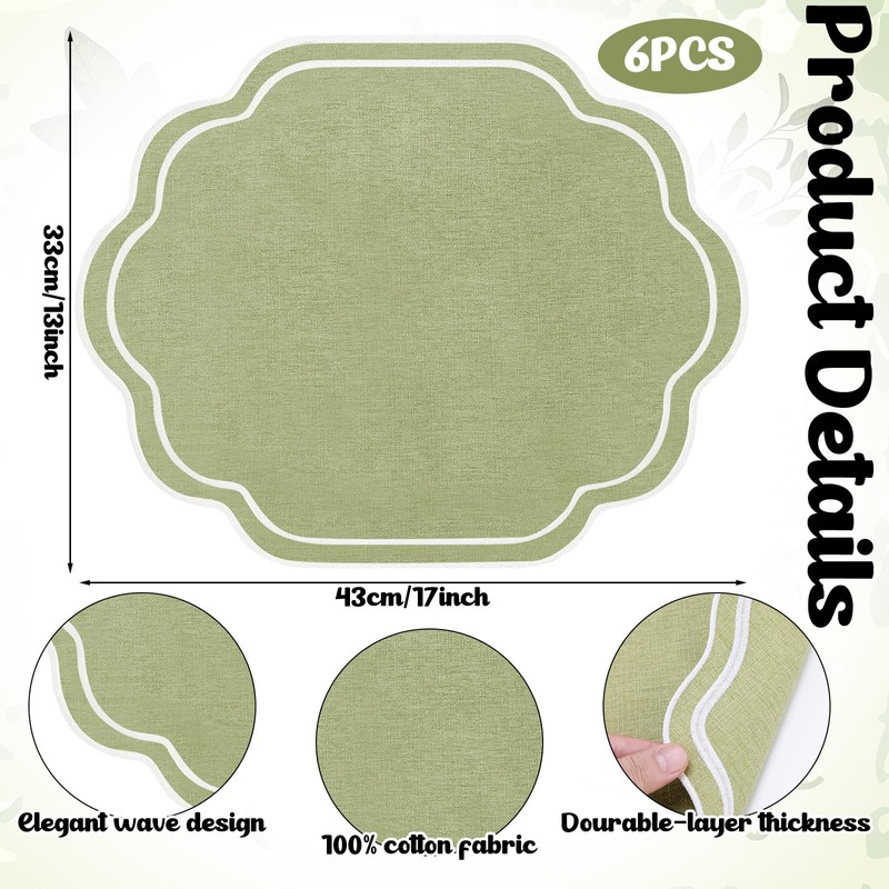 Breling 6 Pcs Sage Green Wedding Placemats Scalloped Embroidered Cotton