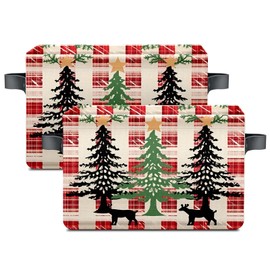 Foldable Storage Bin with Red Plaid and Christmas Tree Design Multi-Purpose Organizer for Clothes Toys Books and Decorations Space-Saving Storage Basket with Handles for Home and Holiday Décor