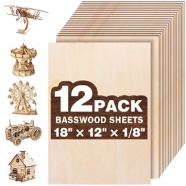 MITINU 12 Pack Basswood Sheets for Crafts,18"x12"x1/8" 3mm Thick Plywood Sheets with Smooth Surfaces-Unfinished Squares Wood Boards for Laser Cutting, Wood Burning, Architectural Models, Staining