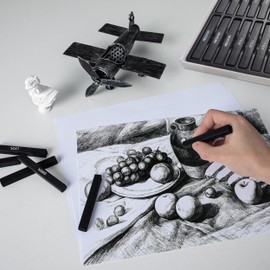24 Pro Charcoal Drawing Set, Premium Compressed Charcoal Sticks with Soft, Medium, Hard and White Charcoal - Charcoal Kit for Drawing, Sketching and Shading - Art Supplies for Artists Beginners