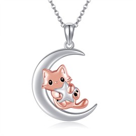 URONE Cat Necklace 925 Silver Cat Moon Pendant Necklace Kitten Cats Jewellery Gifts for Women Cat Lovers, Sterling Silver, No Gemstone
