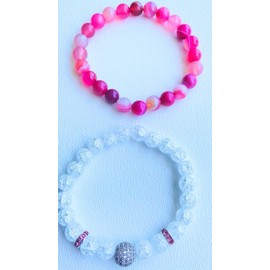 Pink agate and cracked white crystal stabilizing stretch bracelet- 8mm elastic bangle natural stone handmade- set