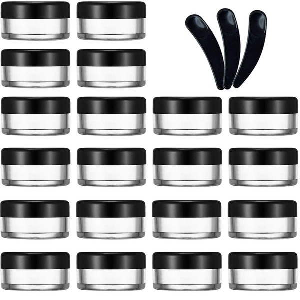 JamHooDirect 20 Empty Cosmetic Pots Round Clear Plastic Sample Containers with Black Screw Lid and 3 Mini Spatulas for Cosmetics, Samples, Lotion, Beads, Charms Storage (10g)
