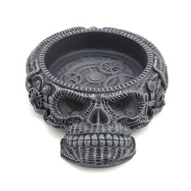 Veronese Design 2 1/8" Tall Flat Skull Vessel Steampunk Figurine Resin Handpainted Sculpture With Glass Ashtray Attachment