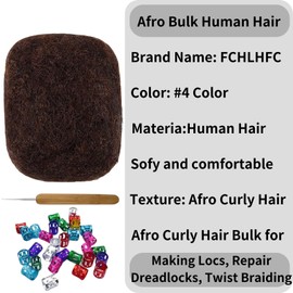 Afro Kinky Bulk 100% Human Hair 8inch 30g/Pack Afro Kinky Curly Bulk Bundles Hair for Making/Repair Locs, Dreadlocks Braiding Hair Extensions（Dark Brown#，8 Inch）