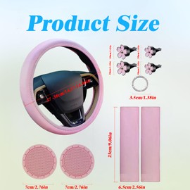 Amazleer Pink Steering Wheel Cover Set for Women, 10 Pcs Universal Car Accessories Kit with Seat Belt Shoulder Pads, Cup Holders, Floral Vent Clips, Start Button Sticker (Pink)
