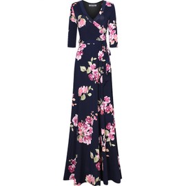 Bon Rosy Women's 3/4 Sleeve Floral Printed Bohemian Maxi Wrap Dress Navy L