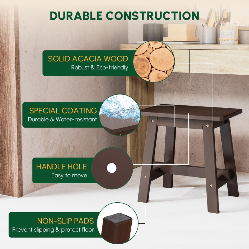 BEEFURNI Rectangular Acacia Wood Stool, Small Bench Seat, 18 Inch