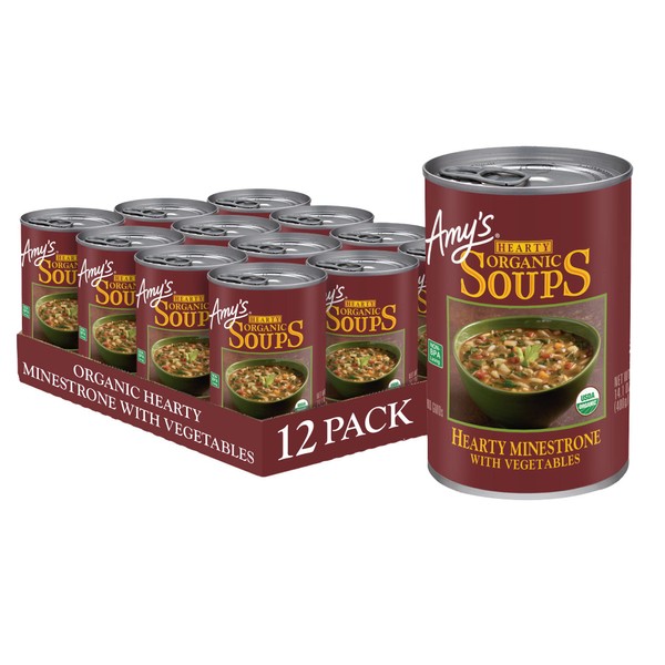 Amy's Soup, Vegan Hearty Minestrone, Made With Organic Vegetables, Lentils, Barley and Pasta in Tomato Broth, Canned Soup, 14.1 Oz (12 Pack)