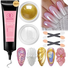 3D Nail Gel Art and Gold White Pearl Chrome Nail Powder Kit, 3 in 1 No Wipe Clear 3D Sculpting Gel for Nail Art, 15g Semi Solid Gel Nail Glue for Carving Molding Chrome Powder Rhinestone Manicure