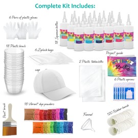 CraftBud Tie Dye Kit for Kids & Adults, 198 Pieces - 18 Colors - Includes 1 Cap, 18 Bottles, 120 Rubber Bands, 1 Funnel, 1 Guide Book & Much More- Tie Dye Kit for Large Groups & for Outdoor Activities