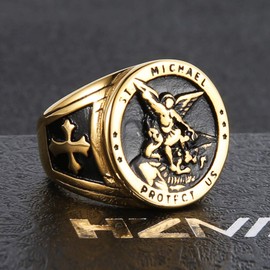 HZMAN St. Michael San Miguel The Great Protector Archangel Defeating Satan Figurine Stainless Steel Amulet Ring (Gold, 10)