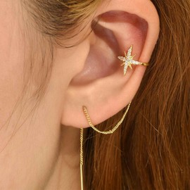 Cybche Vintage Northstar Threader Earrings Rhinestones Starburst Ear Cuff Earrings Long Chain Tassel Threader Drop Earring Gold Cuff Star Threader Earrings Jewelry for Women and Girls