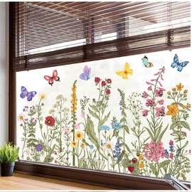JarThenaAMCS 9 Sheets Vintage Wildflower Window Clings Spring Summer Floral Butterfly Window Stickers Double-Sided Glass Decals for School Classroom Home Office Party Decoration