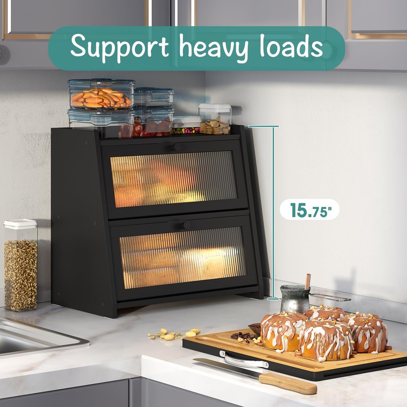 viewcare Bread Box for Kitchen Counter, Black Bread Box With