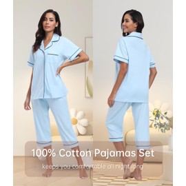 CF 100% Cotton Capri Pajamas Set Womens Button Down Sleepwear Short Sleeve Lounge Sets 2 Piece PJ Sets with Top & Capri Pants(Light Blue,L)