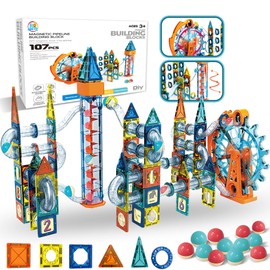 Motorized Marble Run Set, 107-Piece Magnetic Tile Building Toy with Ferris Wheel & Elevator, Marble Runs for Kids 4-8, Marble Maze Game Building Toy, Perfect STEM Educational Gift for Kids Ages 4-12