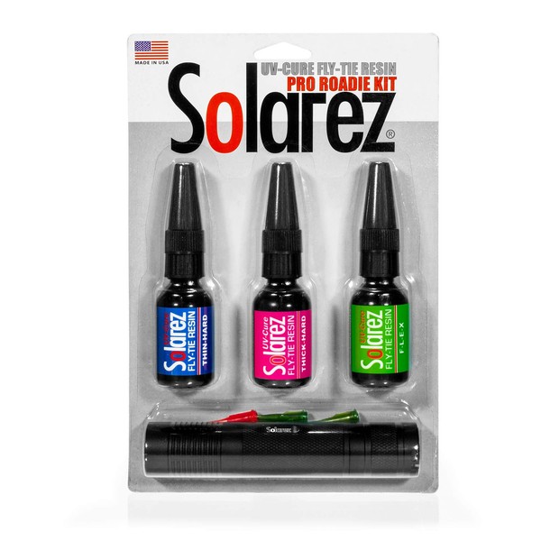 SOLAREZ Fly Tie UV Cure Resin Pro Roadie Kit ~ Thin-Hard, Thick-Hard, Flex, 3 Pack (.5 oz Tubes) w UV Fly Tye Flashlight ~ Clear Fly Tie Resin Glue for Forming, Shaping - Coating, Made in The USA