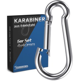 GARSIDURO® Stainless Steel Carabiner | Set of 5 4 x 40 mm | Snap Hook DIN 5299 Rustproof | Fire Brigade Carabiner with Snap Lock Suitable as Keyring Carabiner or Heavy Duty Carabiner