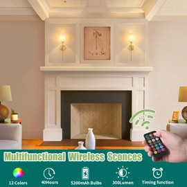Shenmoyl Battery Operated Wall Sconces Set of 2, Rechargeable Wall Lights with 5000mAh RGB Dimmable Bulb, 12 Colors Wireless Wall Sconces for Bedroom Living Room, Gold
