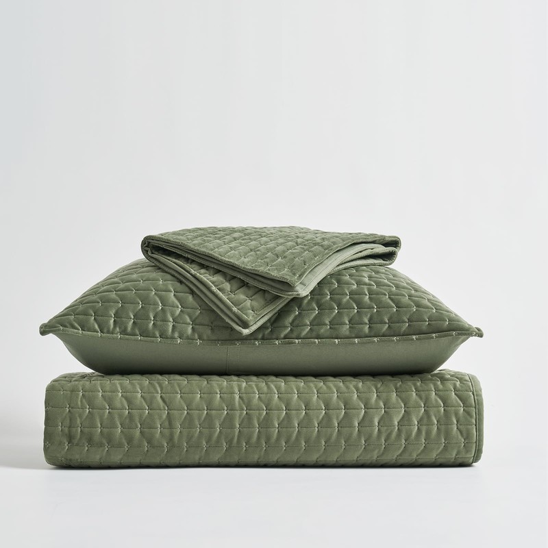 EverGrace Cross-Stitch Velvet Quilt Set, Queen Size, Loden Green