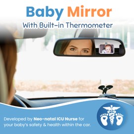 Theromirror - Baby Car Mirror with Temperature Display, Rear Facing Car Seat Mirror, Newborn Essentials - Wide Angle (Beige)
