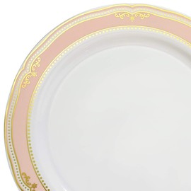 " OCCASIONS " 120 Plates Pack, Disposable Wedding Party Plastic Plates (10.25'' Dinner Plate, Scalloped in White/Blush & Gold)