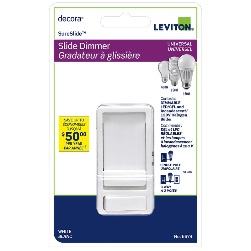 Leviton Decora SureSlide Universal LED Dimmer, Single Pole and 3-Way
