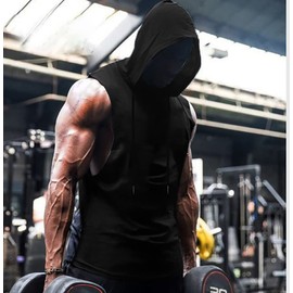 Babioboa Men Workout Sleeveless Hoodie 2 Pack Lightweight Training Cut-Off Running Hooded Tank Top(Black/Deep Grey,L)