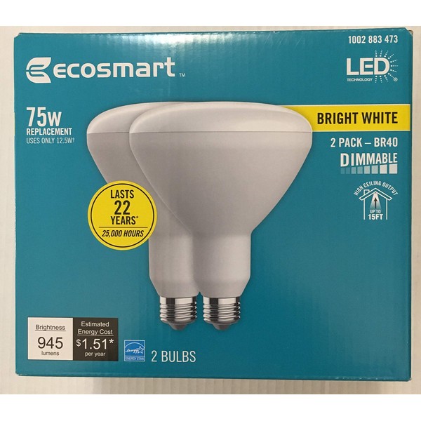 EcoSmart 75-Watt Equivalent BR40 Dimmable Energy Star LED Light Bulb Bright White (2-Pack) New Model