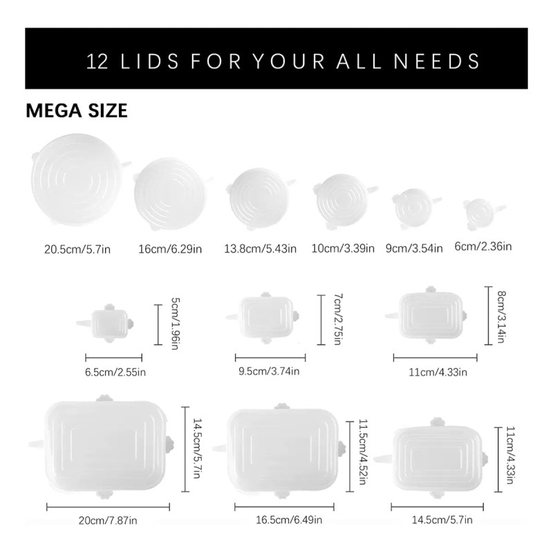 SANBREVE Tapas Reutilizables Herméticas De Silicona Flexible 12 Pzas