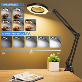 10X Magnifying Glass with Light and Clamp, 5 Color Modes Stepless Dimmable LED Desk Lamp, LED Lighted Magnifier for Close Work Reading Repair Crafts