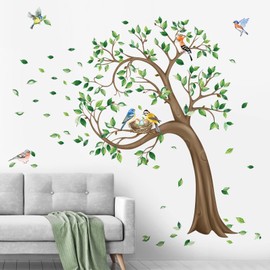 decalmile Large Green Tree Wall Stickers Flying Leaves Birds Wall Decals Bedroom Living Room Sofa TV Background Wall Decor (H:160CM)