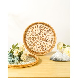 Rattan Serving Tray with Mother of Pearl Inlay for Home Decor and Coffee Table Decor Wicker and Woven Tray Round Decorative Serving Tray