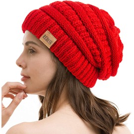 REDESS Slouchy Beanie Hat for Women Winter Warm Chunky Soft Oversized Cable Knit Cap Red