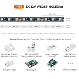 BTF-LIGHTING WS2811 IC=RGB+IC Addressable Dream Color LED Strip 16.4FT 60LEDs/m 20Pixels/m IP67 Waterproof Black PCB Flexible DC12V Chasing Effect for Home Indoor Decor(No Adapter or Controller)