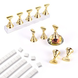 siyuwuro Nail Stand for Press on Nail Display Practice Fake Nail Tips Holder for Painting 10Pcs Magnetic Nail Stands with Reusable Clay and Diamond Base for Home DIY Nail Art Salon Beginner, Gold