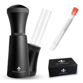 TECSPRESSO WDT Espresso Distribution Tool - (0.4 mm) 10 Stainless Steel Espresso Coffee Distributor Needles with Extra 5 Replaceable Needles, Alumunium Handle with Stand, Gift Keychain and Box (Black)