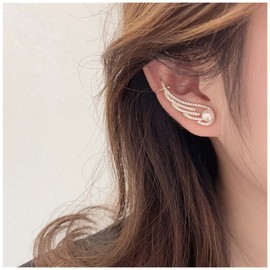 Yienate Boho Crystal Wing Ear Cuff Wrap Earrings Gold Rhinestone Wing Ear Jacket Piercing Wrap Earrings Statement Crawler Climber Pearl Stud Single Earring Right Ear Jewelry for Women and Girls