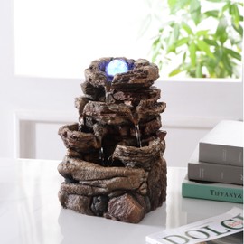 MSEONWXI Tabletop Waterfall Fountain with Glass Ball and Color Changing LED – Indoor Decorative Waterfall for Home & Office, Resin Natural Imitation Design（23064）