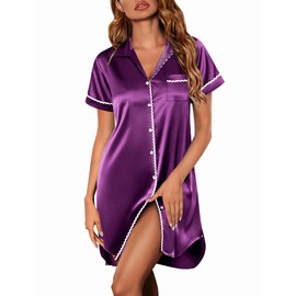 Ekouaer Satin Nightgowns for Women Button Down Nightshirts Silk Sleepshirts Short Sleeve Boyfriend Sleepwear Dark Purple Large