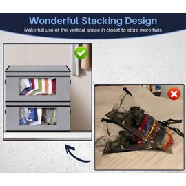 SLEEPING LAMB Stackable Hat Organzier for Baseball Caps, 2 PCS Hat Storage Boxes for Closet Hold 30 Caps with Cardboard, Grey