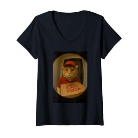 Womens Orange Tabby Cat Pizza Delivery Peephole V-Neck T-Shirt