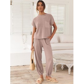 ANRABESS Women's Two Piece Outfits Knit Sweater Vest Crop Top Pants Lounge Matching Tracksuit Sweatsuit Travel Clothes Sets Light Pink Small