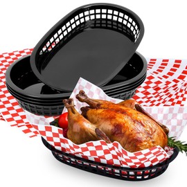 Hslife 60 Sheets Red Checkered Deli Liners and 6 Black Fast Food Baskets, Classic Deli Baskets with Red Checkered Dry Waxed Deli Paper(12'') (6+60)