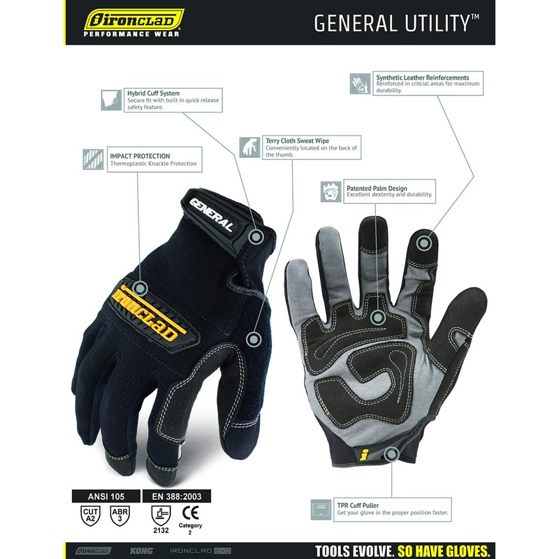 Ironclad General Utility Work Gloves GUG, All-Purpose, Performance Fit, Durable,